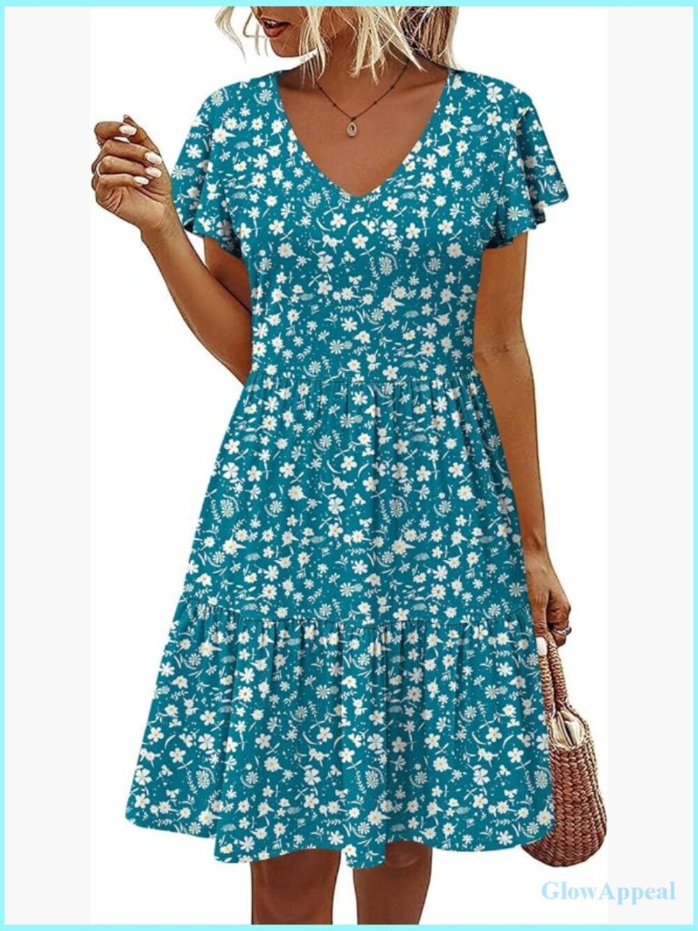 V Neck Ruffle Sleeve A-Line Dress with Pockets Tiered Mini